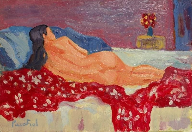 PACO FIOL (né en 1939)
Le modèle à l'atelier, vers 1983 Huile sur toile. Signée en bas à gauche. Signée au dos. 38 x 55 cm