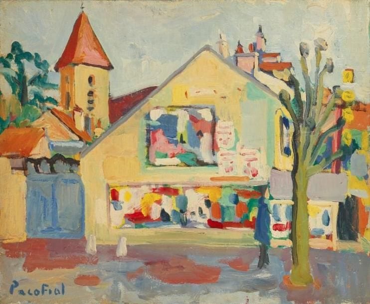PACO FIOL (né en 1939)
L'entrée du village, vers 1983 Huile sur toile. Signée en bas à gauche. Signée au dos. 50 x 61 cm