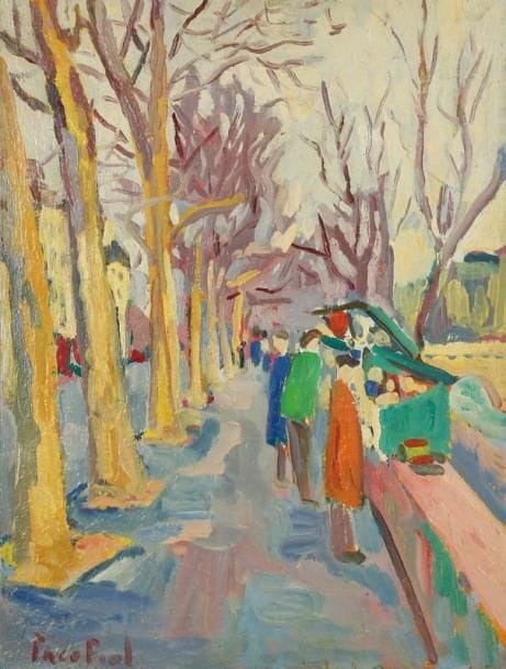 PACO FIOL (né en 1939)
Les bouquinistes, vers 1983 Huile sur toile. Signée en bas à gauche. Signée au dos. 61 x 46 cm