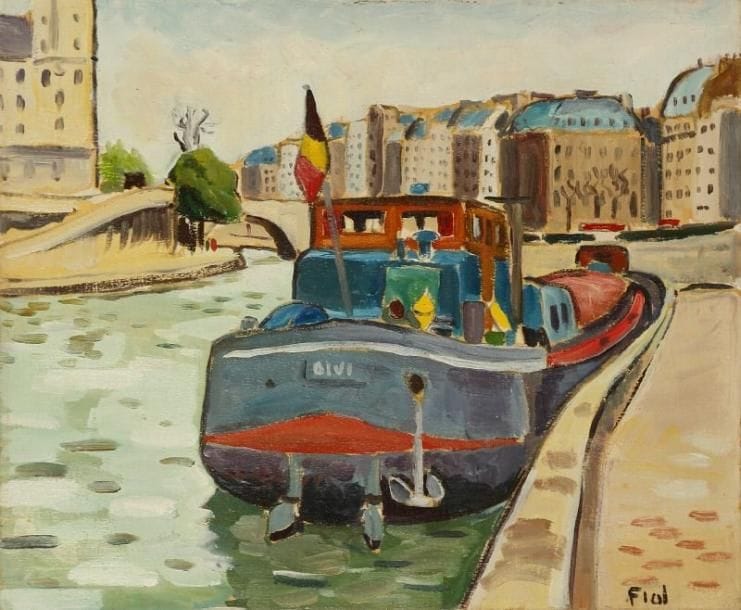 PACO FIOL (né en 1939)
Péniche sur la Seine, vers 1983 Huile sur toile. Signée en bas à droite. 38 x 46 cm