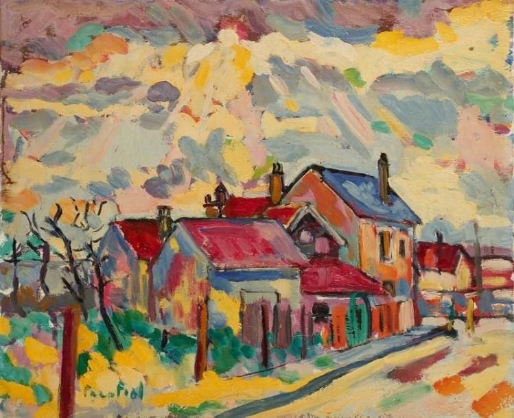 PACO FIOL (né en 1939)
Les toits rouges, vers 1983 Huile sur toile. Signée en bas à gauche. 50 x 61 cm