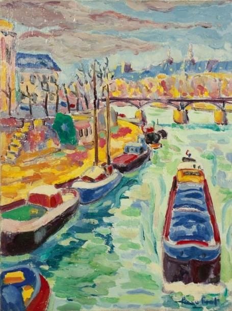 PACO FIOL (né en 1939)
La péniche au pont des Arts, vers 1984 Huile sur toile. Signée en bas à droite. 61 x 46 cm