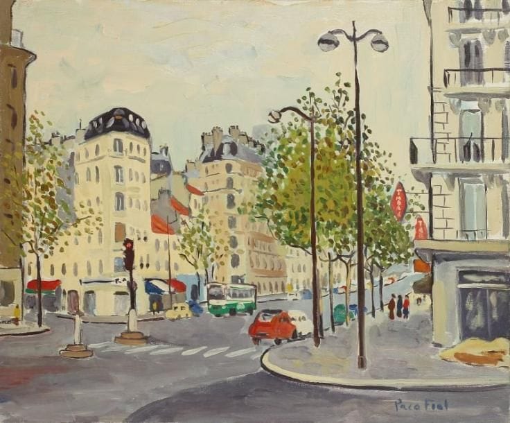PACO FIOL (né en 1939)
Avenue du Maine, vers 1984 Huile sur toile. Signée en bas à droite. 50 x 61 cm