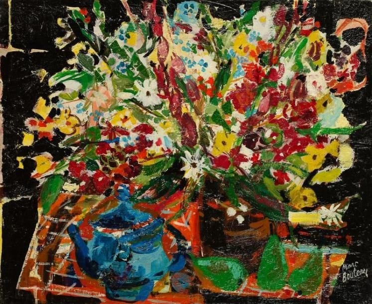 Marc BOUTEAU (né en 1935)
Bouquet sur fond noir, vers 1973-74 Huile sur toile. Signée en bas à droite. Signée au dos. 50 x 61 cm