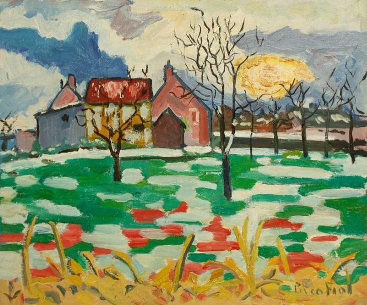 PACO FIOL (né en 1939)
Soleil de neige, vers 1985 Huile sur toile. Signée en bas à droite. 46 x 55 cm