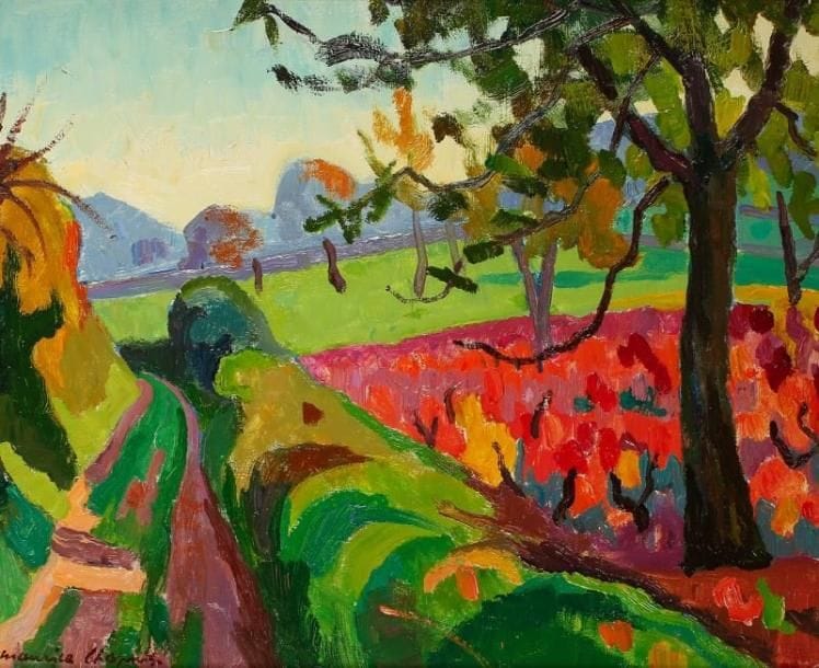 Maurice CHAPUIS (1922-2010)
En longeant les vignes, 1972 Huile sur toile. Signée en bas à gauche et datée au dos. 50 x 61 cm