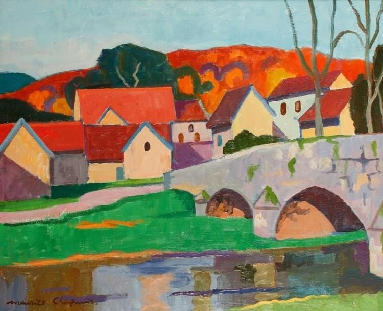 Maurice CHAPUIS (1922-2010)
Le pont de Guissey-sur-Ouche, 1975 Huile sur toile. Signée en bas à gauche. Signée, datée et titrée au dos. 60 x 73 cm