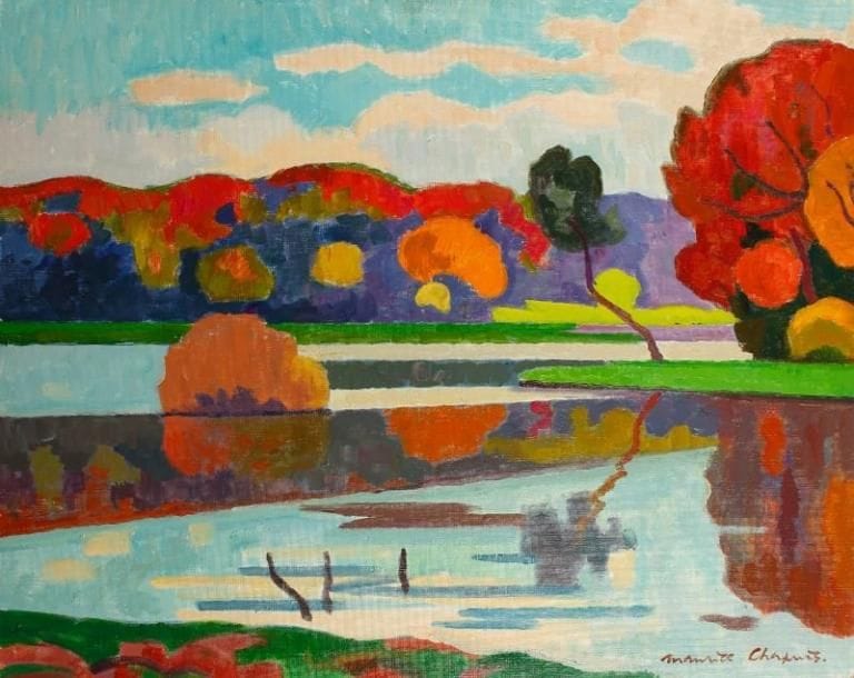 Maurice CHAPUIS (1922-2010)
Lac en Seine-et-Marne, vers 1975 Huile sur toile. Signée en bas à droite. Signée au dos. 73 x 92 cm