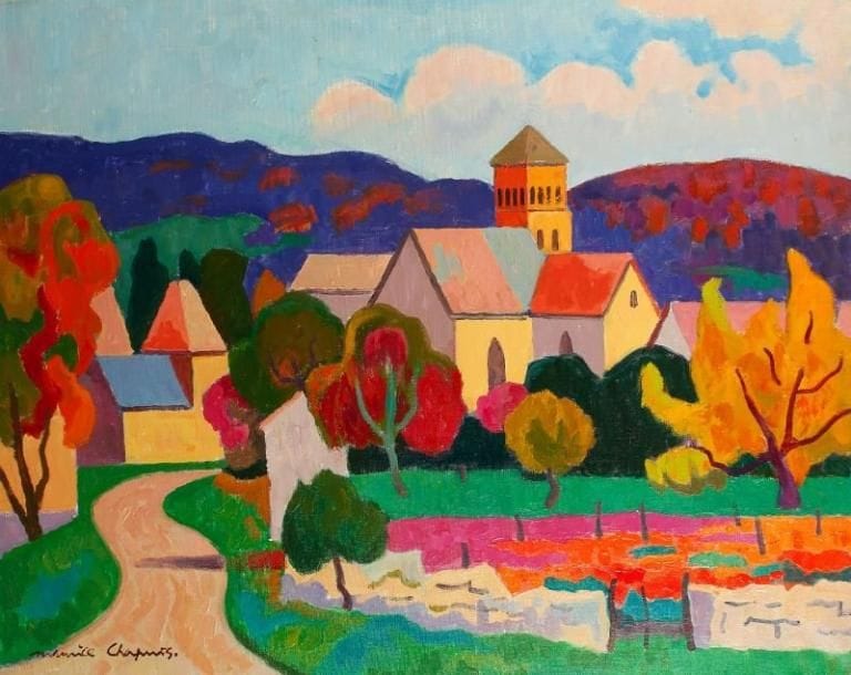 Maurice CHAPUIS (1922-2010)
Village en Bourgogne, vers 1975 Huile sur toile. Signée en bas à gauche. Signée et titrée au dos. 81 x 100 cm
