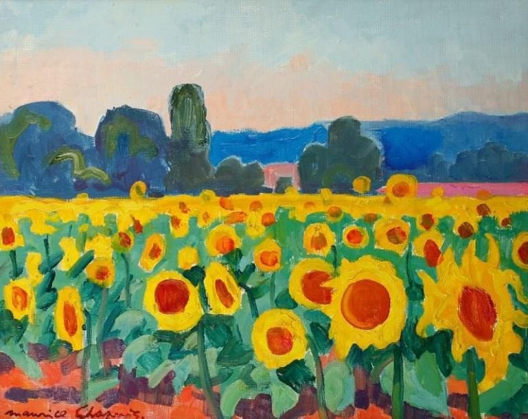 Maurice CHAPUIS (1922-2010)
Les tournesols, 1976 Huile sur toile. Signée en bas à gauche. Signée et datée au dos. 50 x 61 cm
