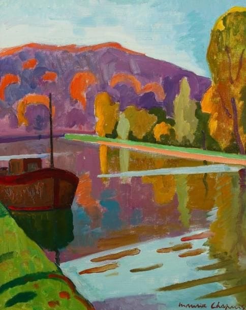 Maurice CHAPUIS (1922-2010)
Canal de Bourgogne, vers 1976 Huile sur toile. Signée en bas à droite. Signée et titrée au dos. 61 x 50 cm