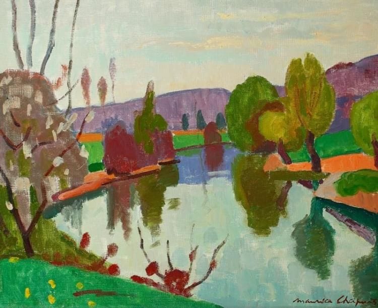 Maurice CHAPUIS (1922-2010)
Le Grand Morin, vers 1976 Huile sur toile. Signée en bas à droite. Signée au dos. 54 x 65 cm