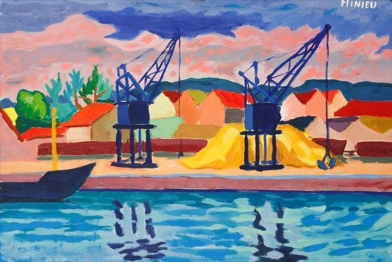 Jean-Paul HINIEU (né en 1942)
Les grues sur le port, vers 1956 Huile sur toile. Signée en haut à droite. 50 x 73 cm