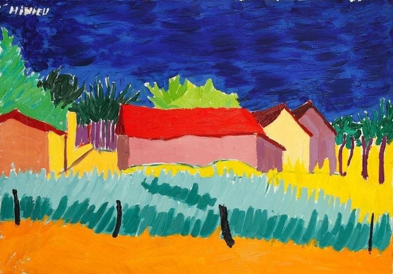 Jean-Paul HINIEU (né en 1942)
Village avant orage, vers 1957 Huile sur toile. Signée en haut à gauche. 65 x 92 cm