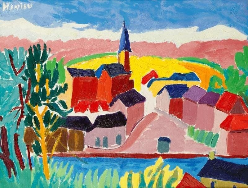 Jean-Paul HINIEU (né en 1942)
Le village, vers 1958 Huile sur toile. Signée en haut à gauche. 50 x 65 cm