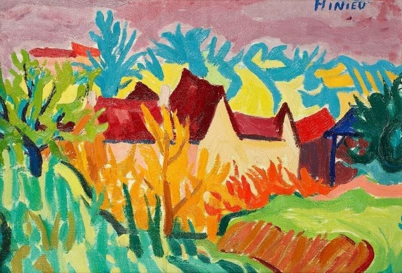 Jean-Paul HINIEU (né en 1942)
Derrière le village, vers 1962 Huile sur toile. Signée en haut à droite. 38 x 55 cm