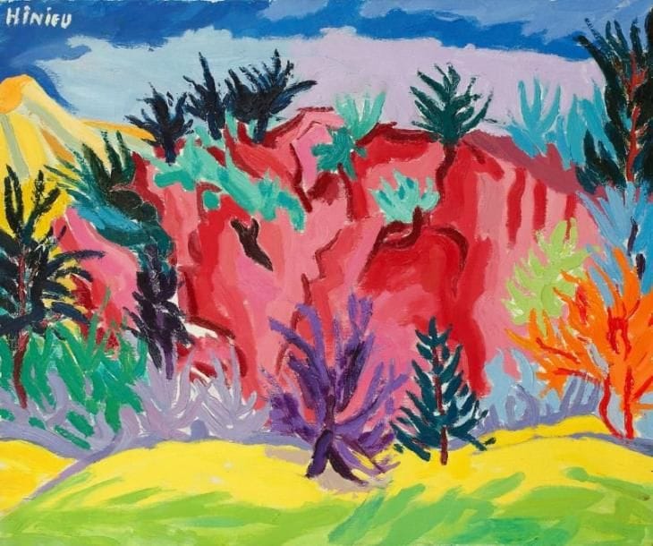 Jean-Paul HINIEU (né en 1942)
Les rochers roses, vers 1964 Huile sur toile. Signée en bas à gauche. 50 x 61 cm