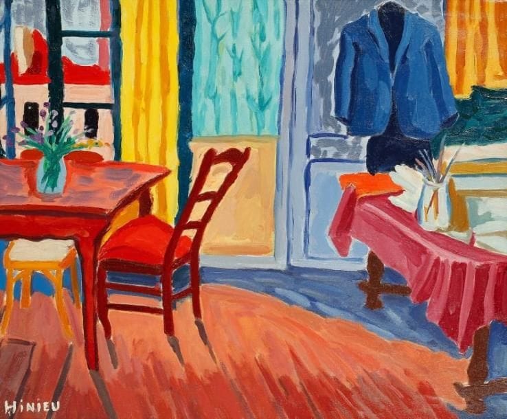 Jean-Paul HINIEU (né en 1942)
La chambre du peintre, vers 1964 Huile sur toile. Signée en bas à gauche. 54 x 65 cm