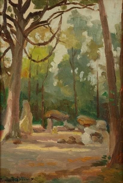 Raymond LHEUREUX (XXe siècle)
Menhirs à Carnac, 1958 Huile sur carton toilé. Signée en bas à gauche. Signée, datée et titrée au dos. 35 x 24 cm