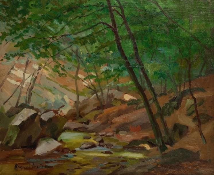 Raymond LHEUREUX (XXe siècle)
Sous-bois, 1948 Huile sur toile. Signée en bas à gauche. Titrée et datée au dos. (restaurations) 38 x 46 cm