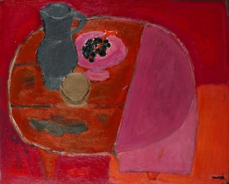 Germaine MORE (1903-?)
La nappe rose, vers 1967 Huile sur toile. Signée en bas à droite. 81 x 100 cm