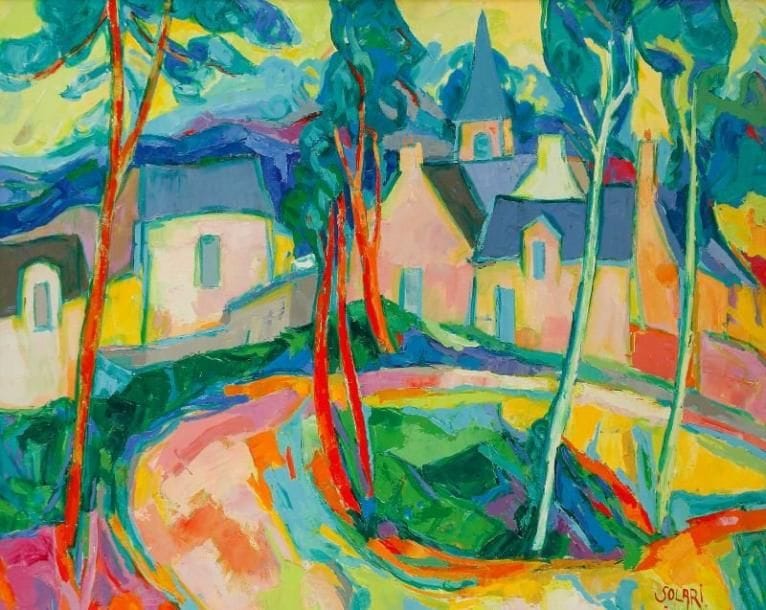 Raymond SOLARI (né en 1947)
Vieux village de Seine-et-Marne, vers 1982 Huile sur toile. Signée en bas à droite. Signée et titrée au dos. 65 x 81 cm