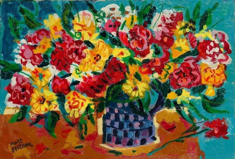 Marc BOUTEAU (né en 1935)
Vase à damiers, vers 1978 Huile sur toile. Signée en bas à gauche. Signée au dos. 38 x 55 cm