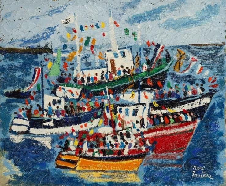 Marc BOUTEAU (né en 1935)
Fête de la mer, vers 1978 Huile sur toile. Signée en bas à droite. Signée et titrée au dos. 46 x 55 cm