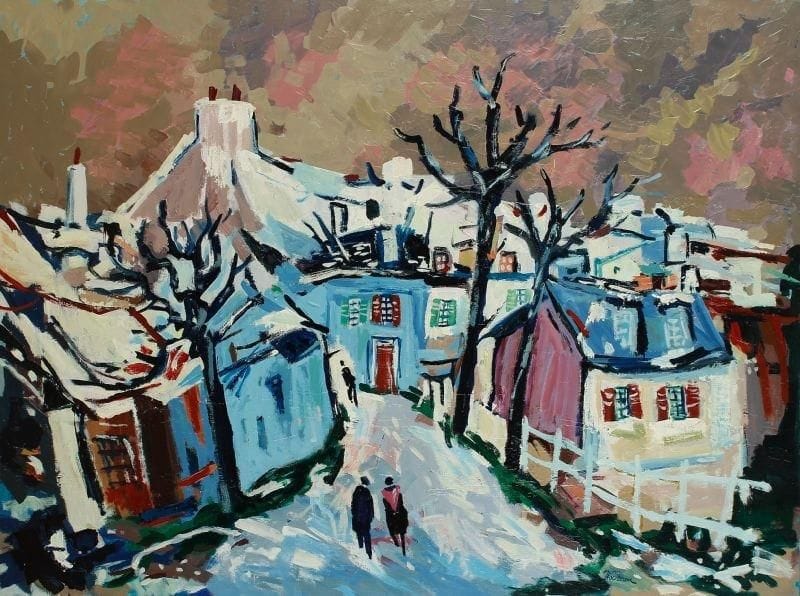 Marc BOUTEAU (né en 1935)
Village breton en hiver, vers 1978 Huile sur toile. Signée en bas à droite. Signée au dos. 97 x 130 cm