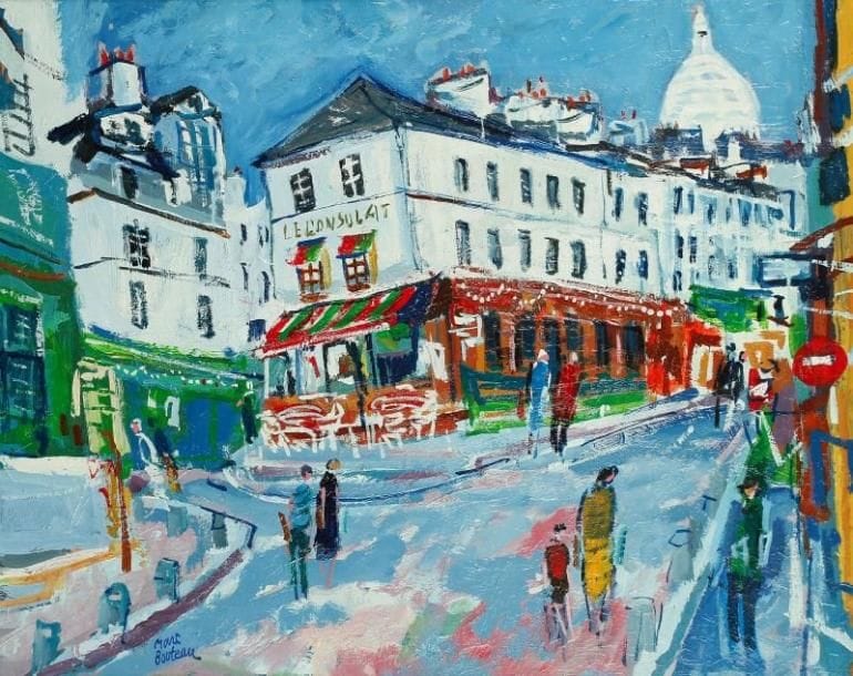 Marc BOUTEAU (né en 1935)
Le consulat à Montmartre, vers 1980 Huile sur toile. Signée en bas à gauche. Signée au dos. 65 x 81 cm