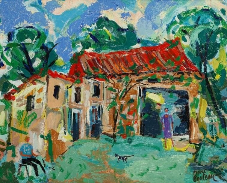 Marc BOUTEAU (né en 1935)
Paysage au chat, vers 1980 Huile sur toile. Signée en bas à droite. Signée au dos. 38 x 46 cm