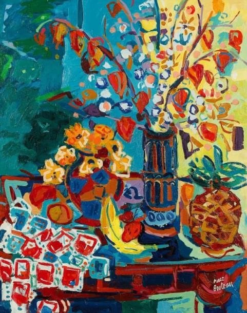 Marc BOUTEAU (né en 1935)
Fleurs et fruits, vers 1981 Huile sur toile. Signée en bas à droite. Signée au dos. 81 x 65 cm