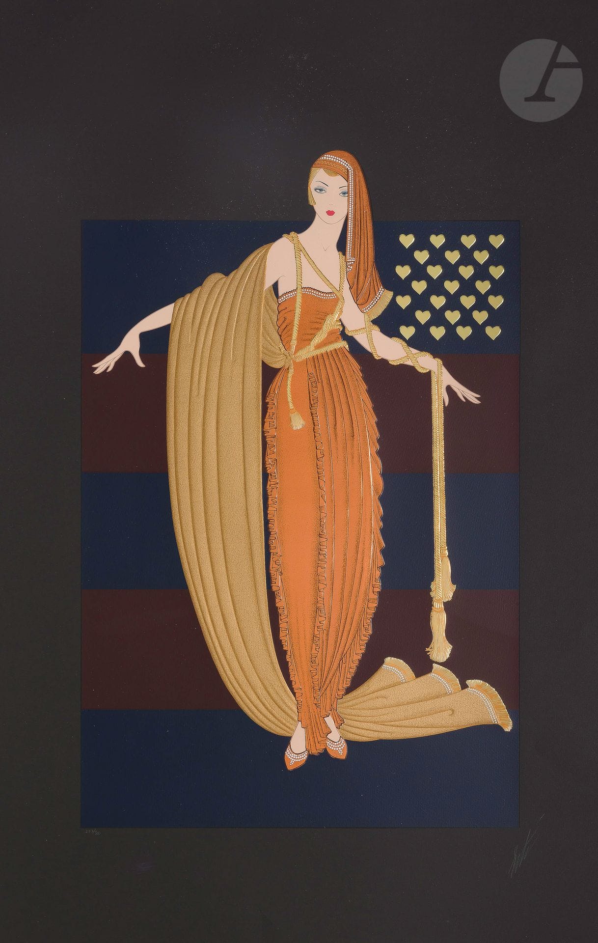 Romain de Tirtoff dit ERTÉ (1892-1990
)Woman with a copper dressSerigraphy
on embossed paper.
Signed and numbered on 300.
96 x 61 cmProvenance

: 
- Serge Leeman collection, Erté's successor.
- By descent.







