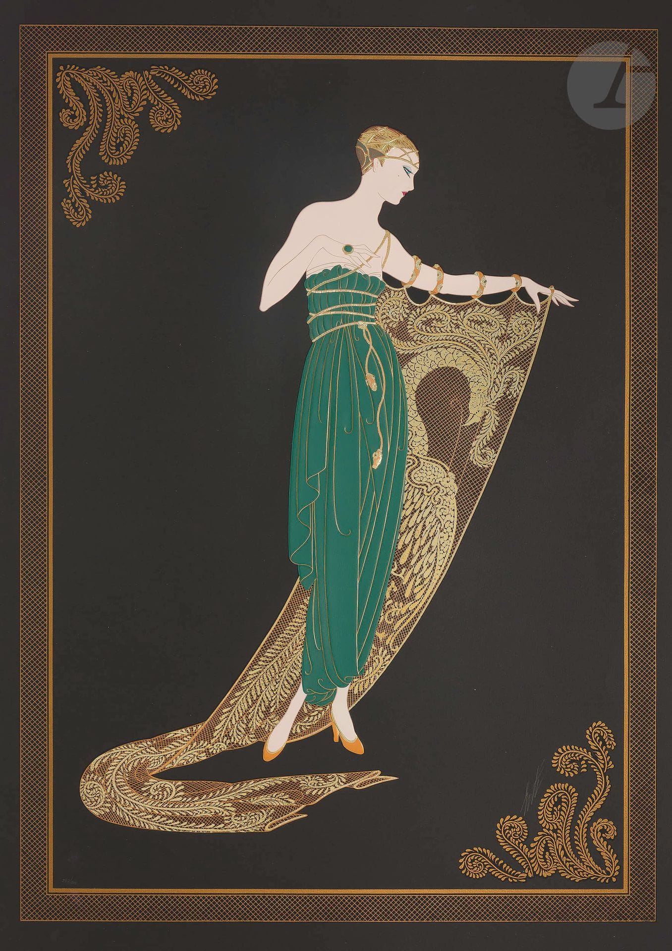 Romain de Tirtoff dit ERTÉ (1892-1990
)Woman with a peacock veilSerigraphy
on embossed paper.
Signed and numbered on 300.
96 x 69 cmProvenance

: 
- Serge Leeman collection, Erté's successor.
- By descent.







