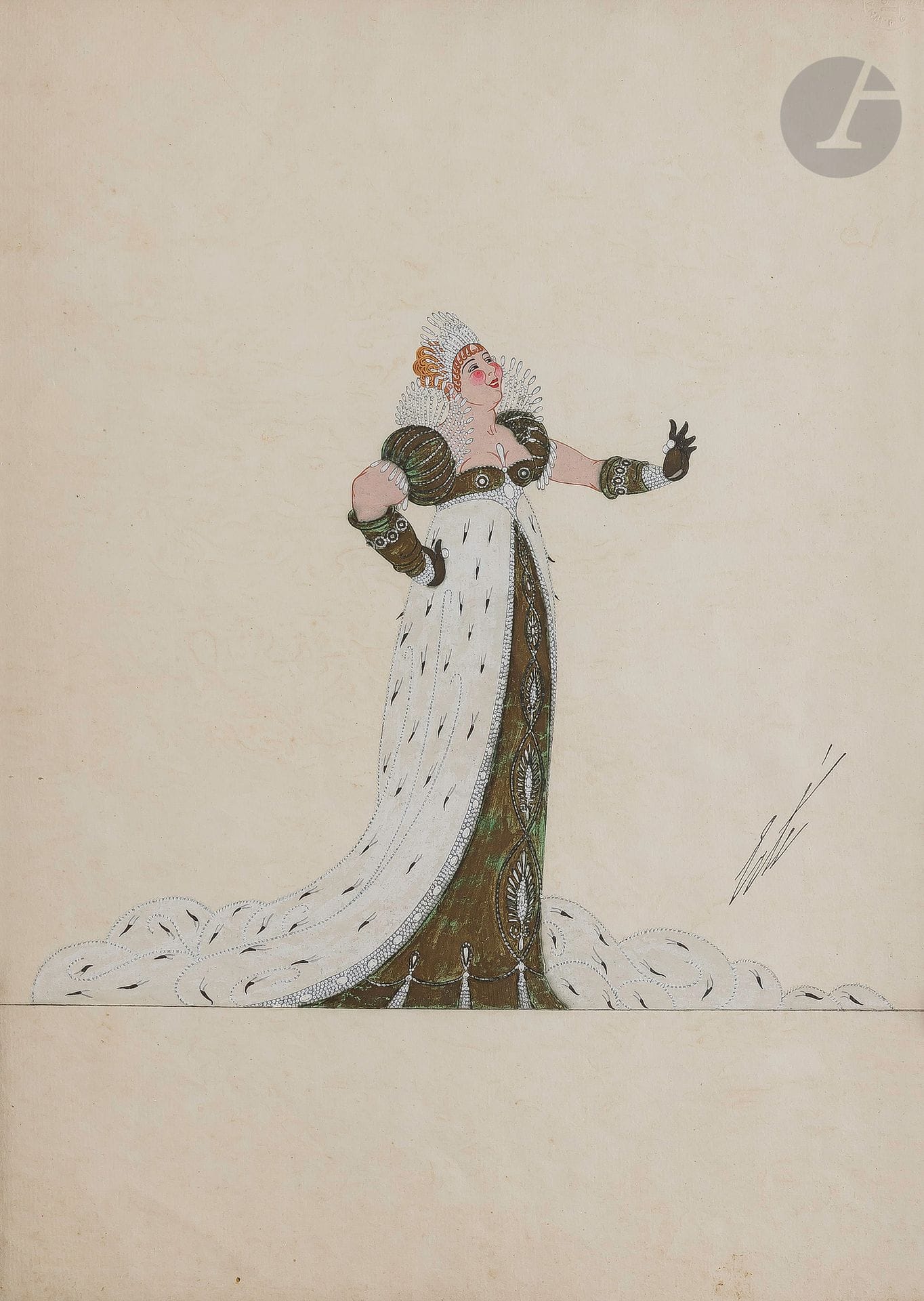 Romain de Tirtoff dit ERTÉ (1892-1990)
Le Triomphe de la femme - Madame Sans-Gêne, 1926
Gouache.
Signée sur la droite.
Datée, titrée et numérotée « 1031 » au dos.
Timbre de l’artiste.
37 x 27 cm

Provenance : 
- Collection personnelle Erté.
- Collection Serge Leeman, ayant droit d’Erté.
- Par descendance.