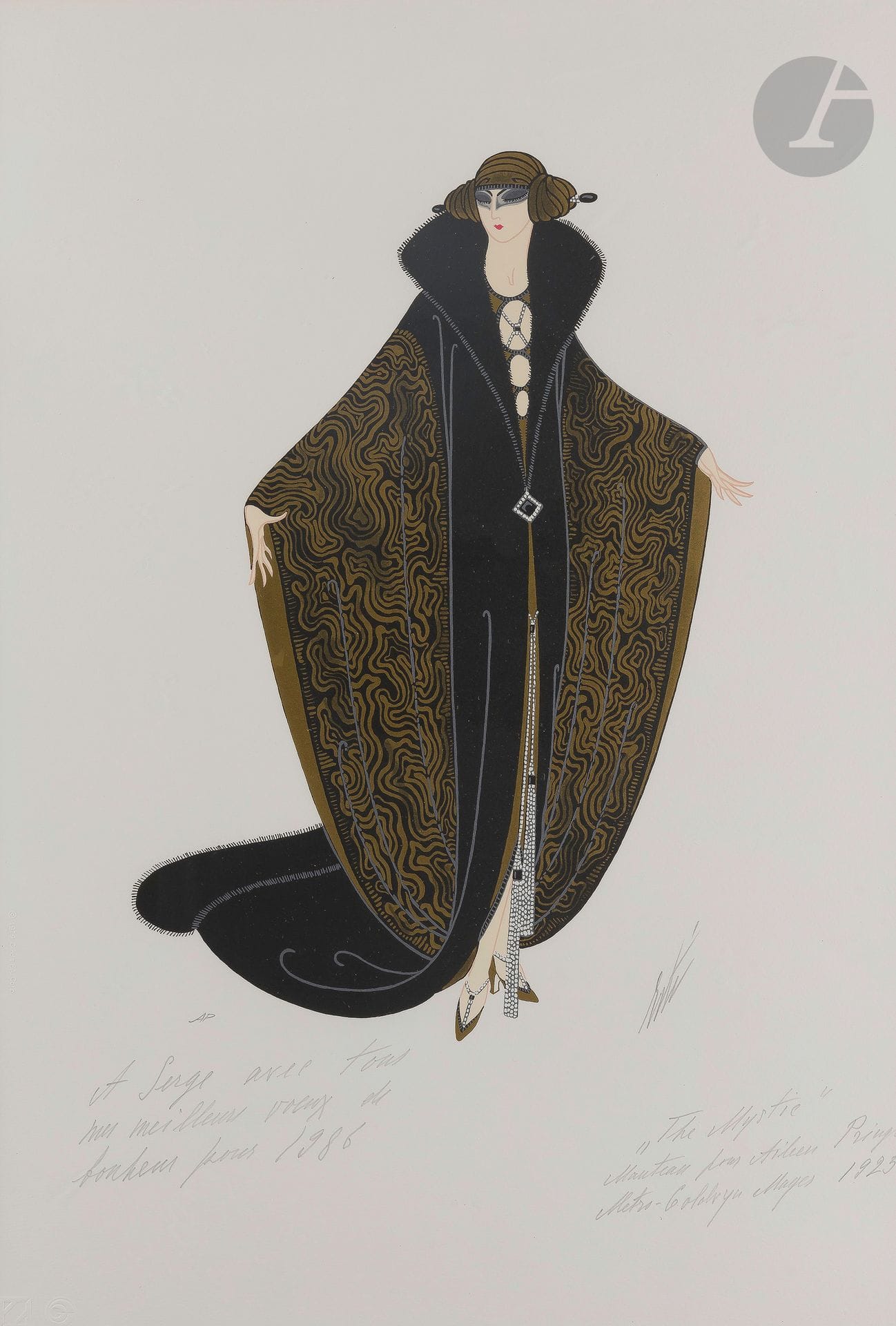 Romain de Tirtoff dit ERTÉ (1892-1990)
The Mystic - Manteau pour Aileen Pringle, [1925]
Sérigraphie.
Signée, titrée, annotée « AP » et dédicacée « À Serge avec tous mes meilleurs vœux de bonheur pour 1986 ».
58 x 40 cm

Provenance : 
- Collection Serge Leeman, ayant droit d’Erté.
- Par descendance.