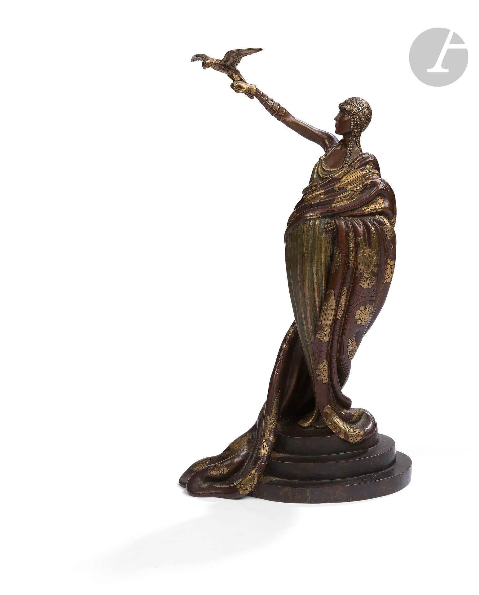 Romain de Tirtoff dit ERTÉ (1892-1990
)Woman with a falcon,
1980Bronze
print
with brown and gold patina.
Signed, dated and numbered " 169/250 ".
Mark of the publisher " RKP INT CORP ".
Mark of the founder " JM ".
Height : 45 cmProvenance

: 
- Serge Leeman collection, successor of Erté.
- By descent.









