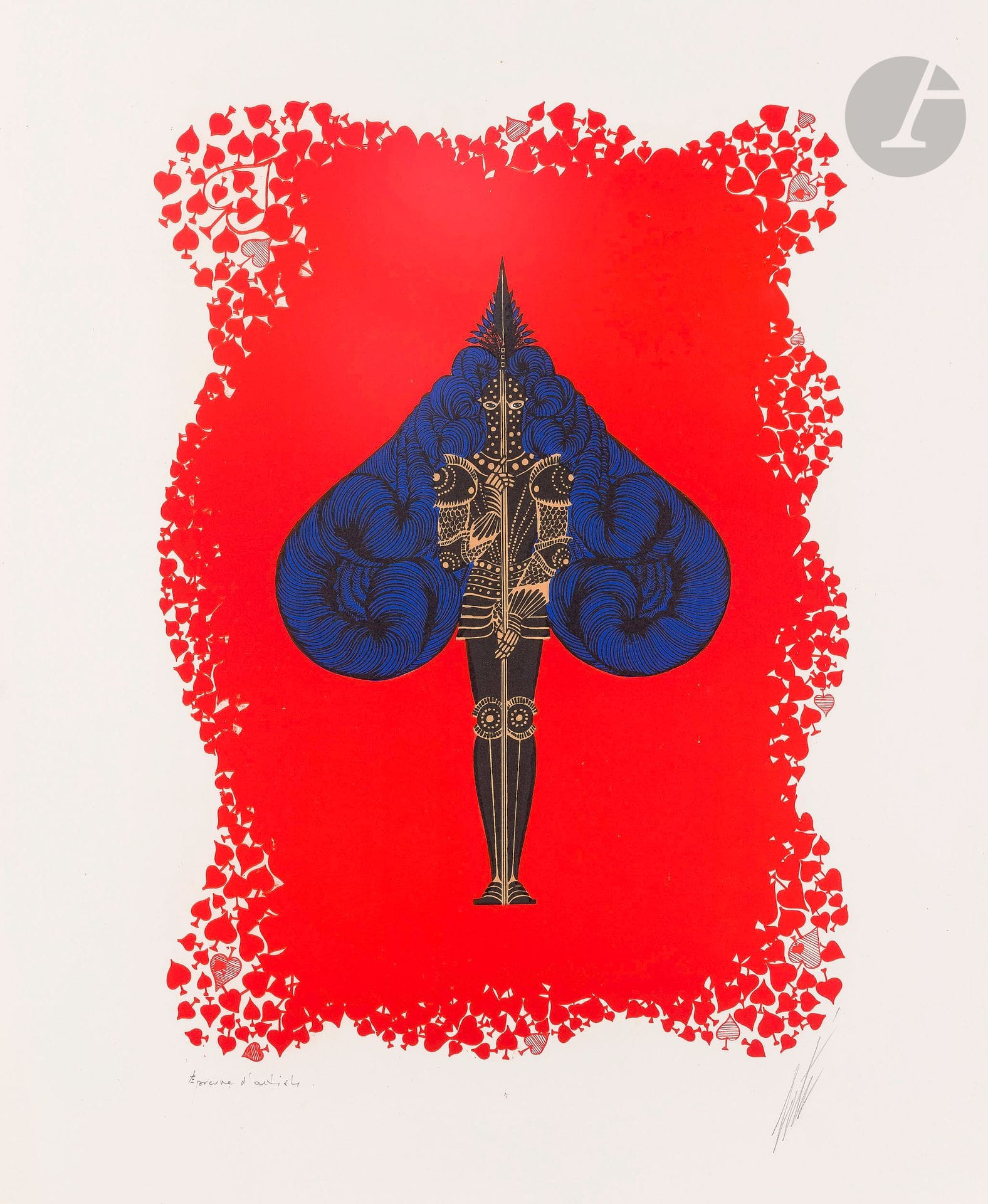 Romain de Tirtoff dit ERTÉ (1892-1990)
As de pique - As de cœur
2 lithographies.
Signées.
L’une numérotée sur 90, l’autre annotée « Épreuve d’artiste ».
65 x 50 cm chacune

Provenance : 
- Collection Serge Leeman, ayant droit d’Erté.
- Par descendance.