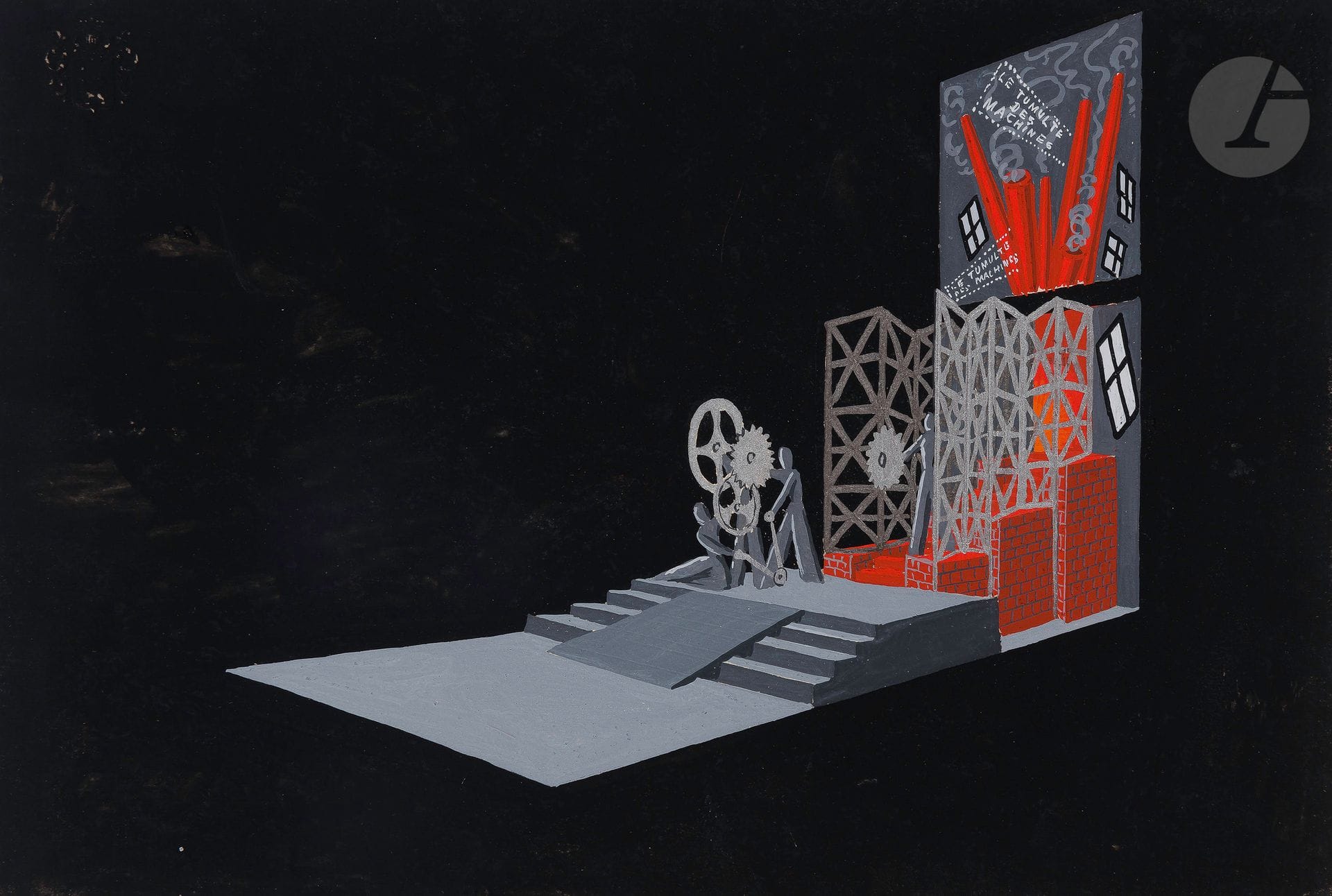 Romain de Tirtoff dit ERTÉ (1892-1990)
Tumultes - Le Tumulte des machines, 1937
Gouache.
Titrée et numérotée « 4493 » au dos.
18.5 x 27 cm

Provenance : 
- Collection Serge Leeman, ayant droit d’Erté.
- Par descendance.
