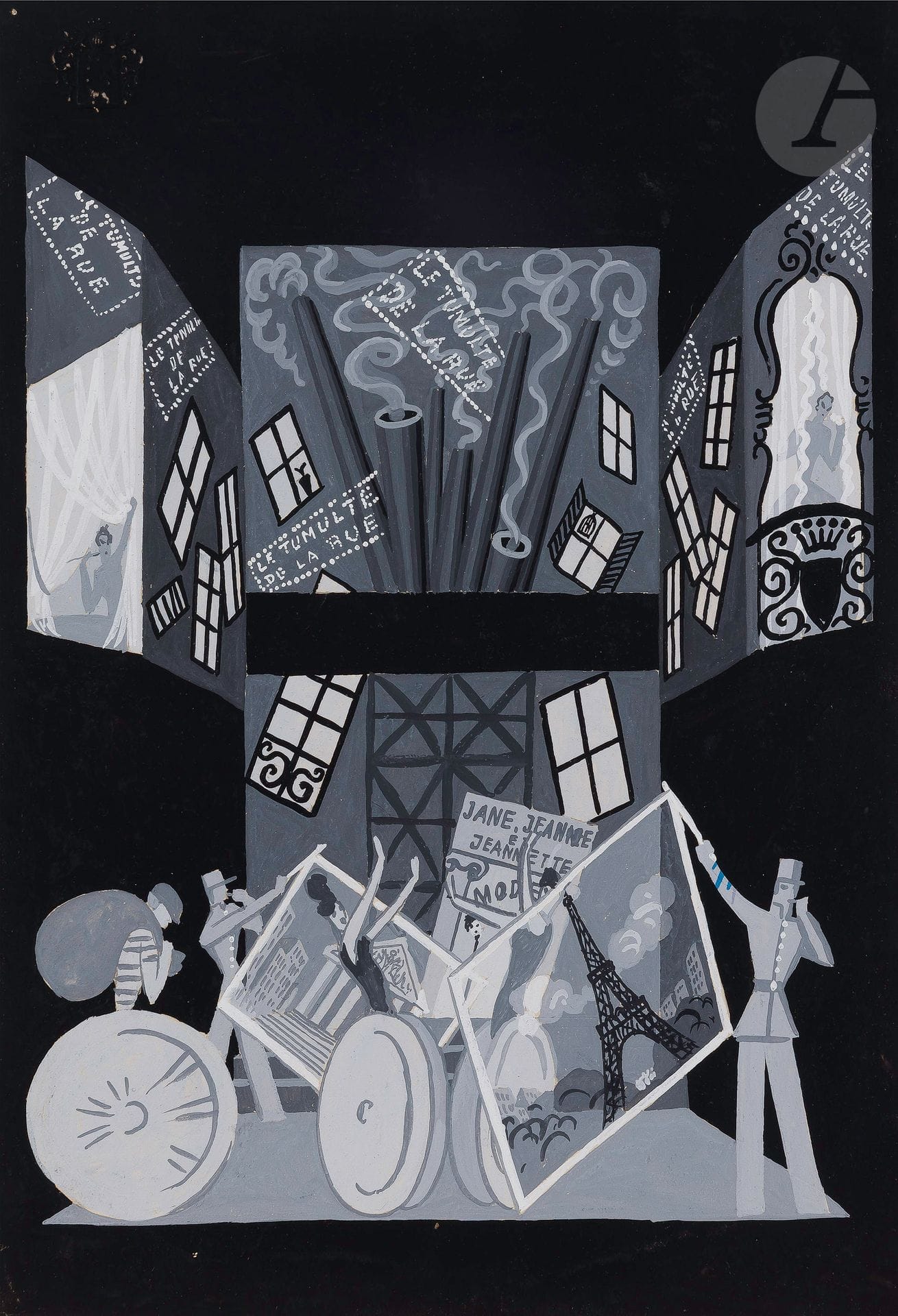 Romain de Tirtoff dit ERTÉ (1892-1990)
Tumultes - Le Tumulte de la rue, 1937
Gouache.
Titrée et numérotée « 4492 » au dos.
27 x 18.5 cm

Provenance : 
- Collection Serge Leeman, ayant droit d’Erté.
- Par descendance.