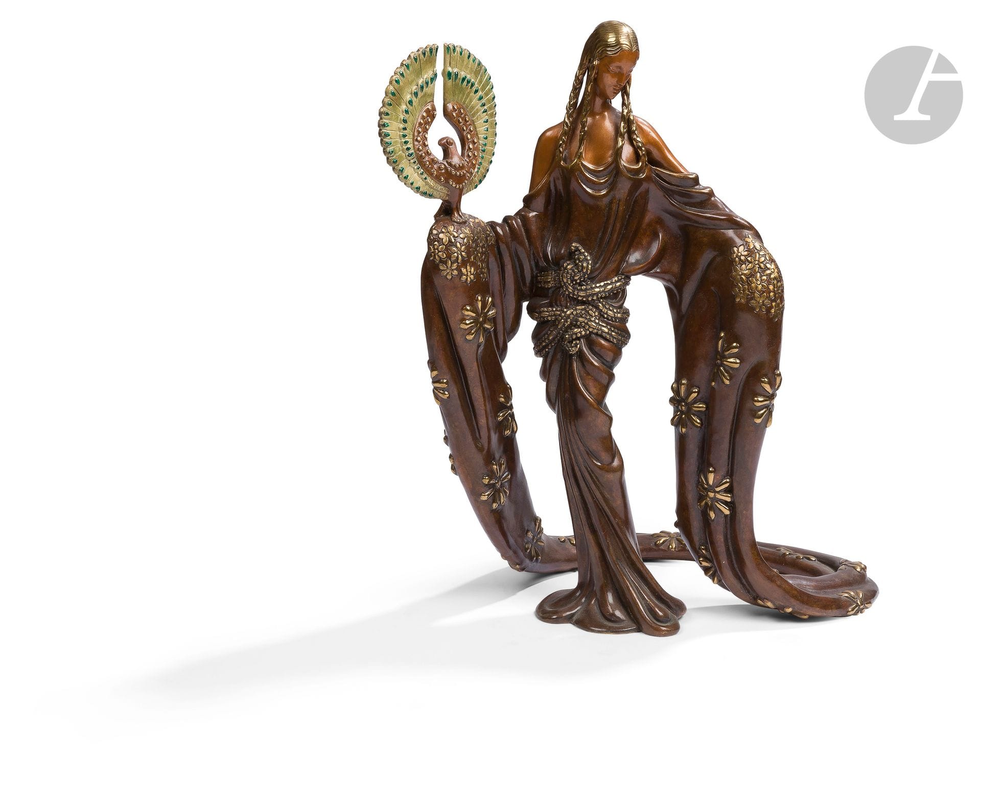 Romain de Tirtoff dit ERTÉ (1892-1990
)Woman with a peacock,
1988Polychrome patina bronze
print.

Signed, dated and annotated " AP 1/37 ".
Publisher's mark " Chalk & Vermillion and Sevenarts ".
Mark of the founder " JM ".
Height : 41 cmProvenance

: 
- Serge Leeman collection, Erté's successor.
- By descent.









