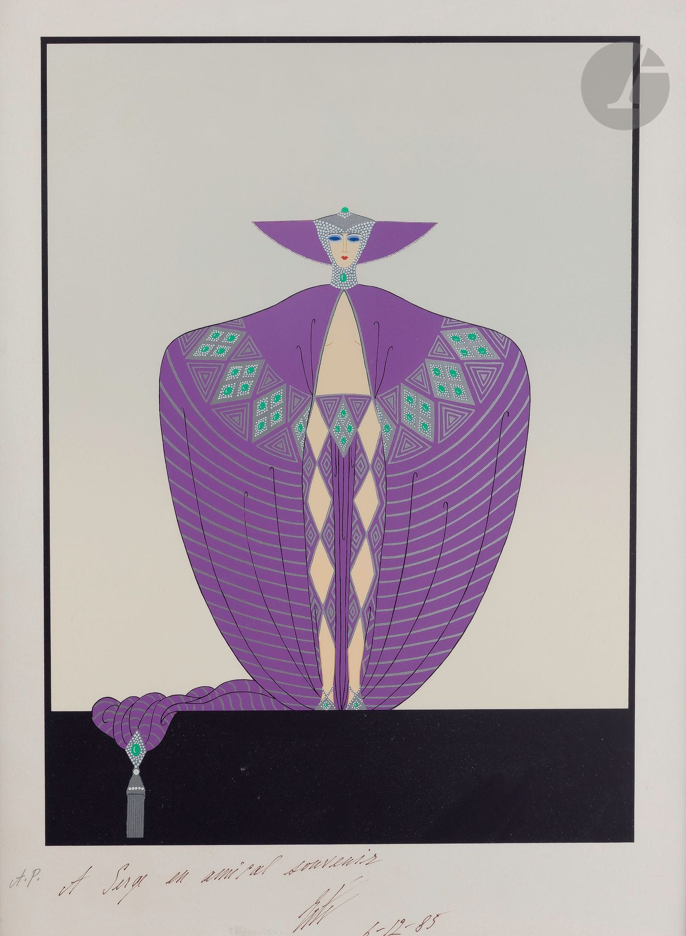 Romain de Tirtoff dit ERTÉ (1892-1990
)Woman with a purple suit, 1985Serigraphy
.
Signed, dated, annotated "AP" and dedicated "À Serge en amical souvenir".
61 x 45 cmProvenance

: 
- Serge Leeman collection, Erté's successor.
- By descent.







