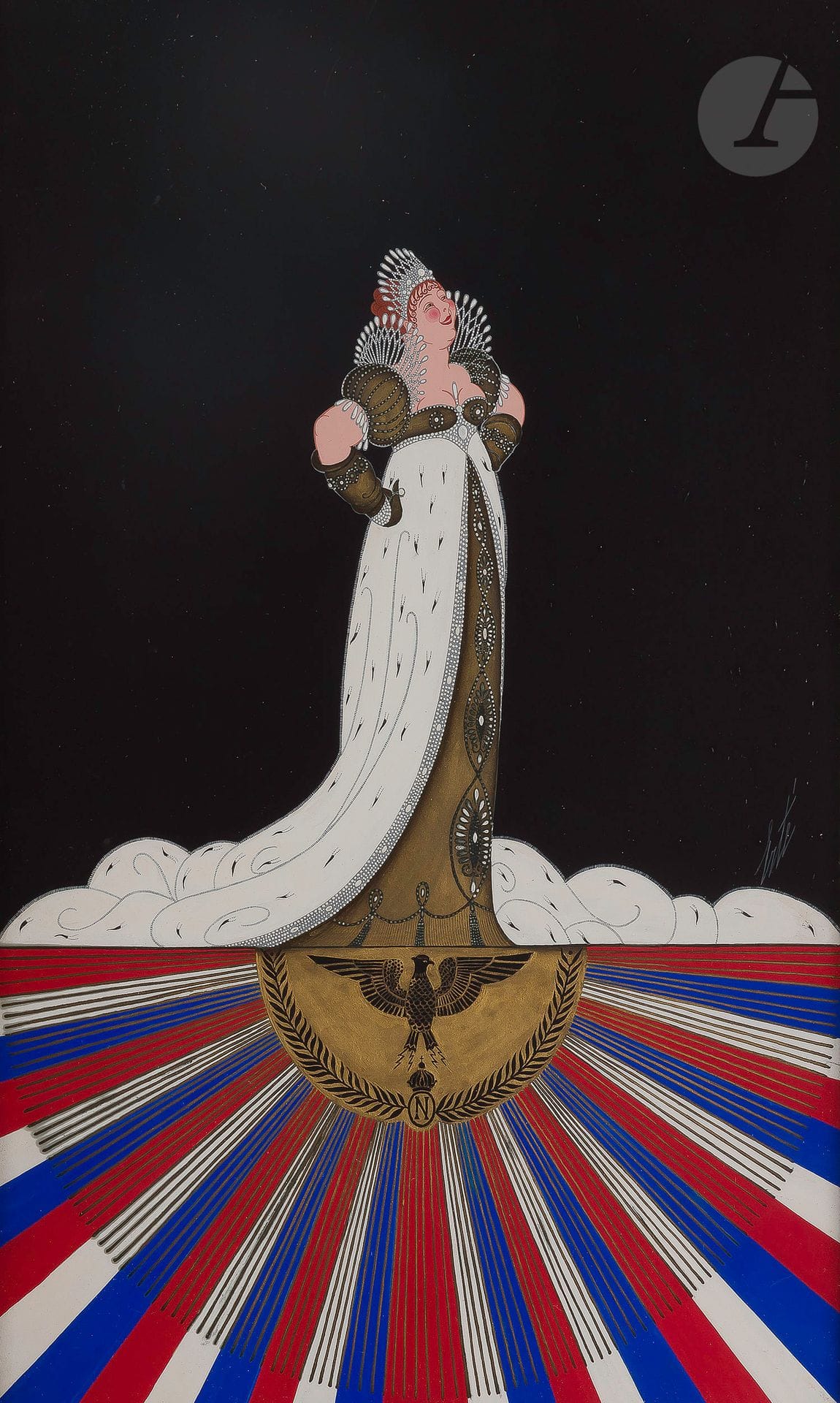 Romain de Tirtoff dit ERTÉ (1892-1990)
Le Triomphe de la femme - Madame Sans-Gêne, 1926
Gouache.
Signée sur la droite.
Signée, datée, titrée et numérotée « 1015 » au dos.
Timbre de l’artiste.
40 x 26 cm

Provenance : 
- Collection personnelle Erté.
- Collection Serge Leeman, ayant droit d’Erté.
- Par descendance.

Exposition : 
Galerie Warren E. Cox, New York, novembre 1929, n° 54 (étiquette au dos du montage).