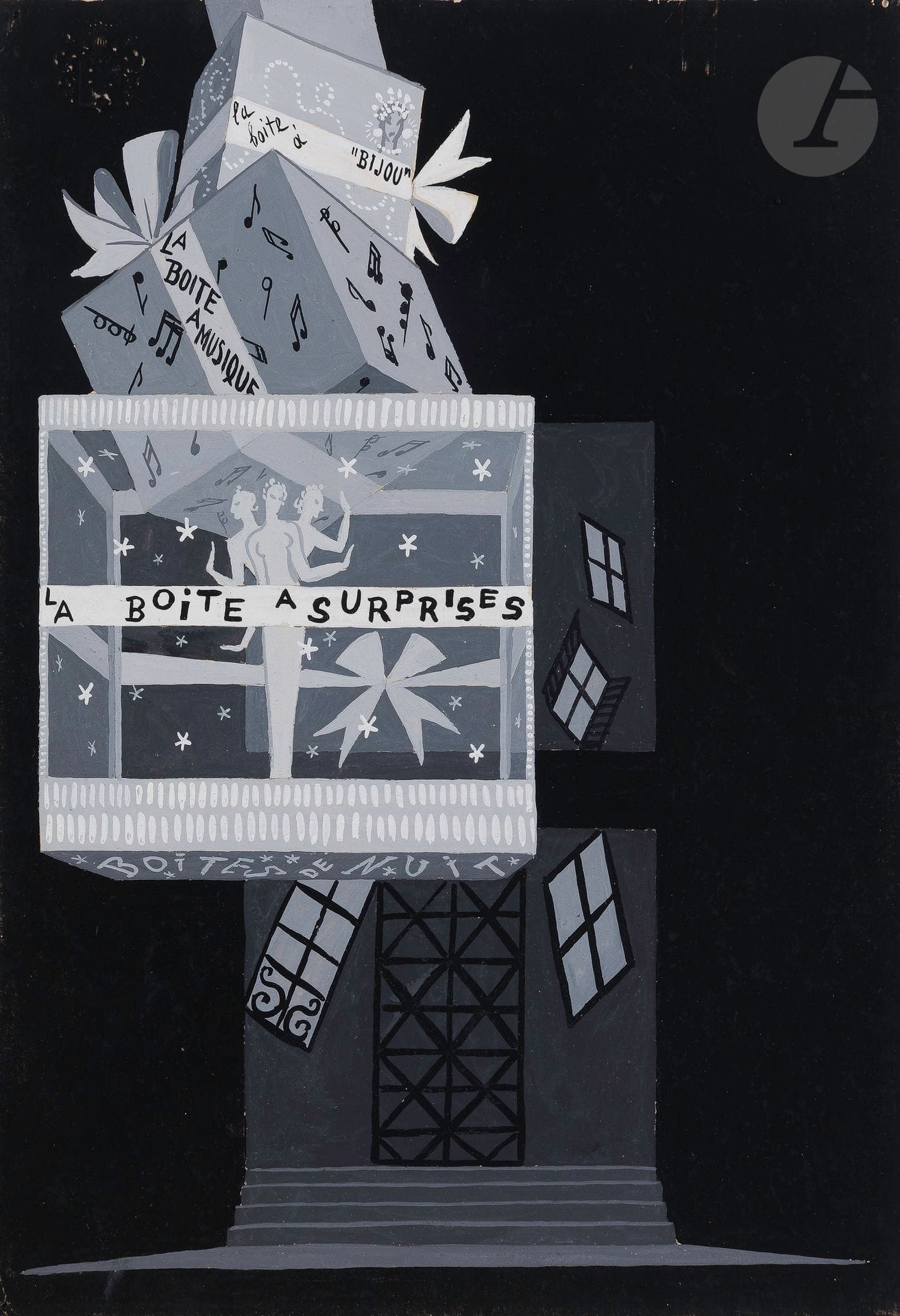 Romain de Tirtoff dit ERTÉ (1892-1990)
Tumultes - Le Tumulte du jazz, 1937
Gouache.
Titrée et numérotée « 4494 » au dos.
27 x 18.5 cm

Provenance : 
- Collection Serge Leeman, ayant droit d’Erté.
- Par descendance.