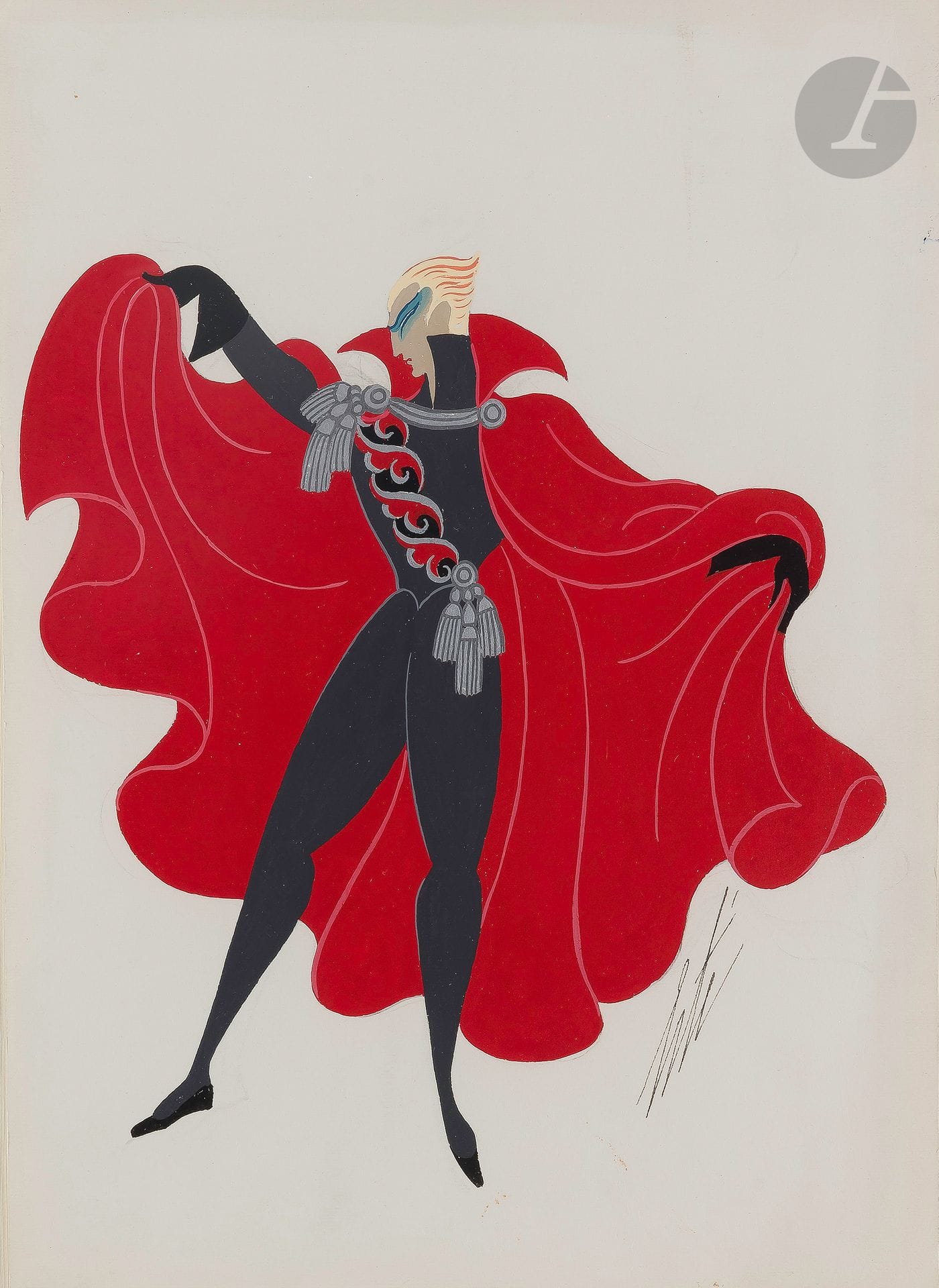 Romain de Tirtoff dit ERTÉ (1892-1990)
Die Maske in blau - Dal Vegas, 1952
Gouache.
Signée en bas à droite.
Titrée et numérotée « 12526 » au dos.
37 x 26.5 cm

Provenance : 
- Collection personnelle Erté.
- Collection Serge Leeman, ayant droit d’Erté.
- Par descendance.