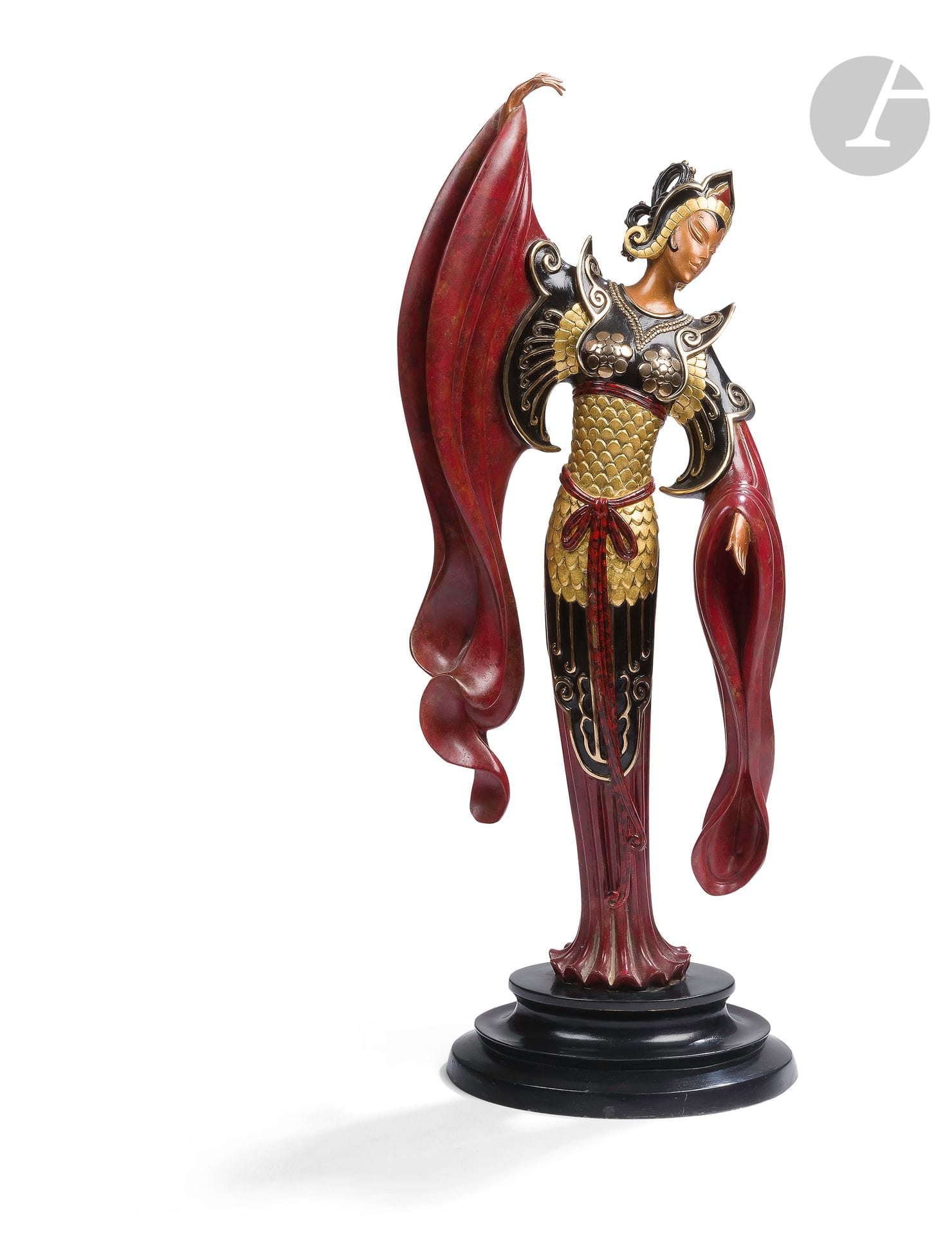 Romain de Tirtoff dit ERTÉ (1892-1990)
Femme à la robe rouge, 1988
Épreuve en bronze à patine polychrome.
Signée, datée et annotée « AP 1/12 ».
Marque de l’éditeur « Sevenarts Ltd London ».
Marque de fondeur.
Hauteur : 56.5 cm

Provenance : 
- Collection Serge Leeman, ayant droit d’Erté.
- Par descendance.