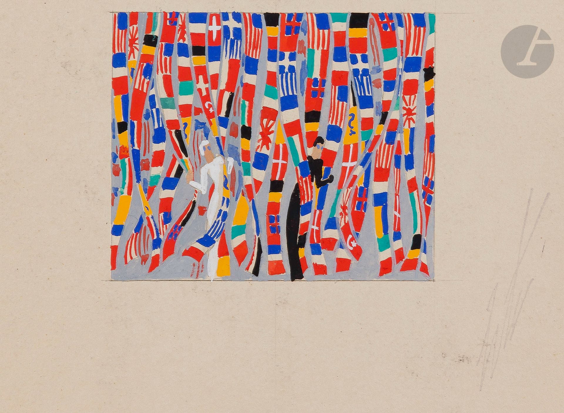 Romain de Tirtoff dit ERTÉ (1892-1990)
Tumultes - Les Tumultes du monde, 1937
Gouache.
Timbrée sur la droite.
Titrée et numérotée « 4495 » au dos.
27 x 18.5 cm (sujet 7.5 x 8.5 cm)

Provenance : 
- Collection Serge Leeman, ayant droit d’Erté.
- Par descendance.