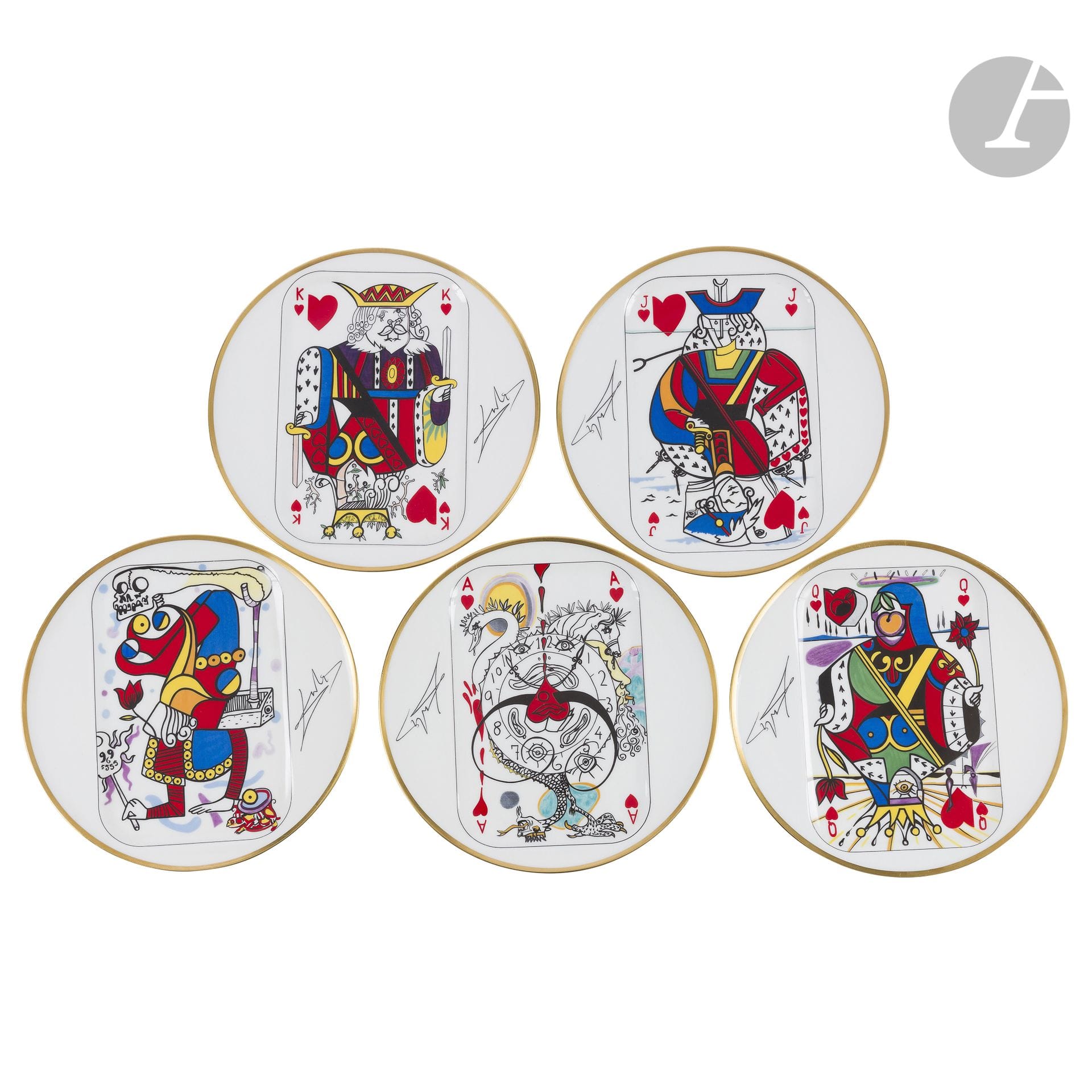 SALVADOR DALI (1904-1989) (AFTER A CARDBOARD BY) & PUIFORCAT FRANCE
PUBLISHERPlaying
card
(s), the models designed in [1967], from a limited edition of 400 copiesSet of
5 plates. Proofs in porcelain (of Limoges); the different polychrome decorations. The edges gilded with gold in the oven. Each plate in its original silver case. The boxes are used and deteriorated. Each plate bears the facsimile of the DALI signature on the obverse, the PUIFORCAT marks, the words Carte à jouer par Salvador DALI 1967 and the numbering on 400 on the reverse. D. 24 cm

