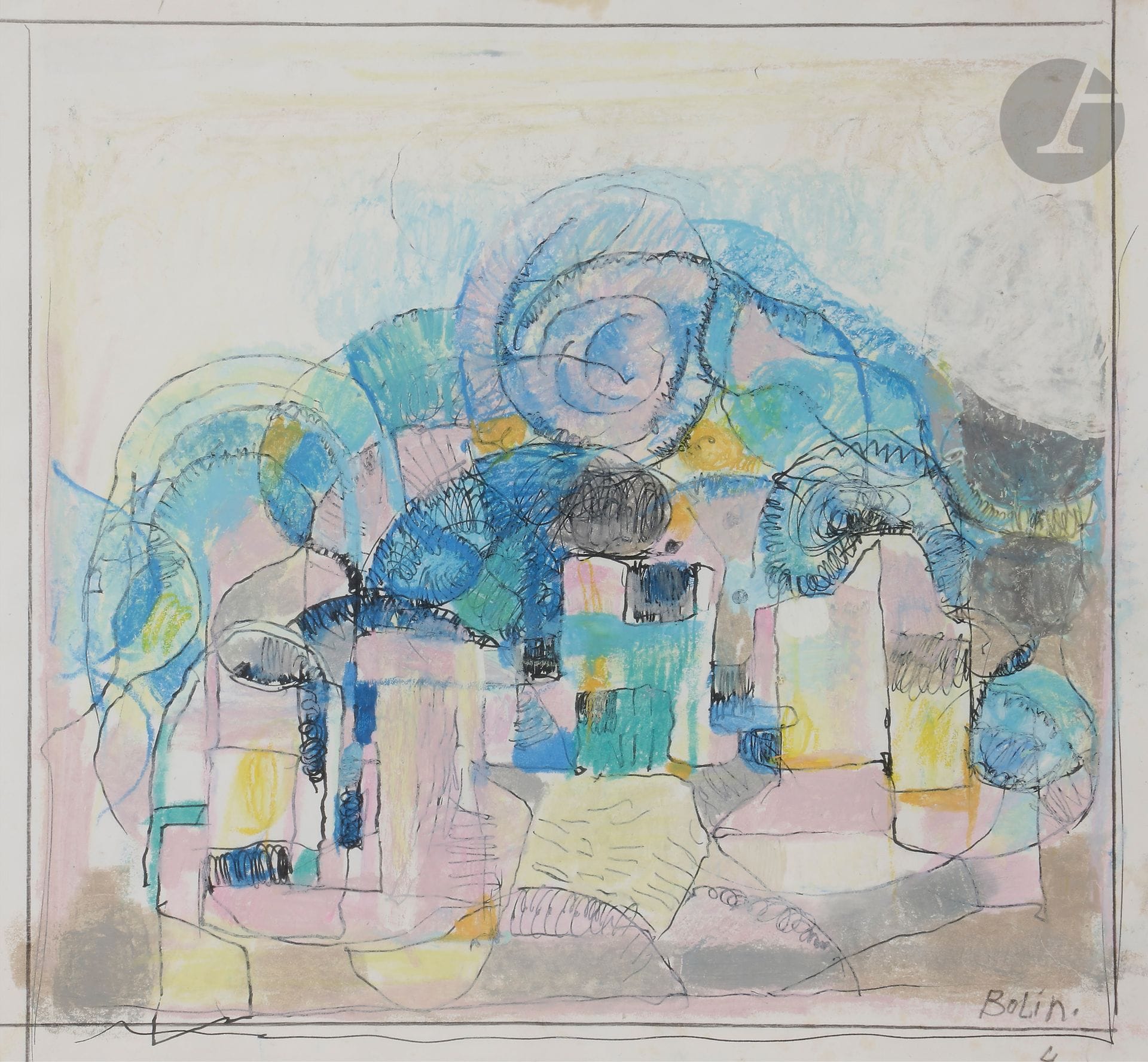 Gustav BOLIN [franco-suédois] (1920-1999)
Paysage près d’Antibes
Encre et pastel gras.
Signée en bas à droite.
31,5 x 33,5 cm