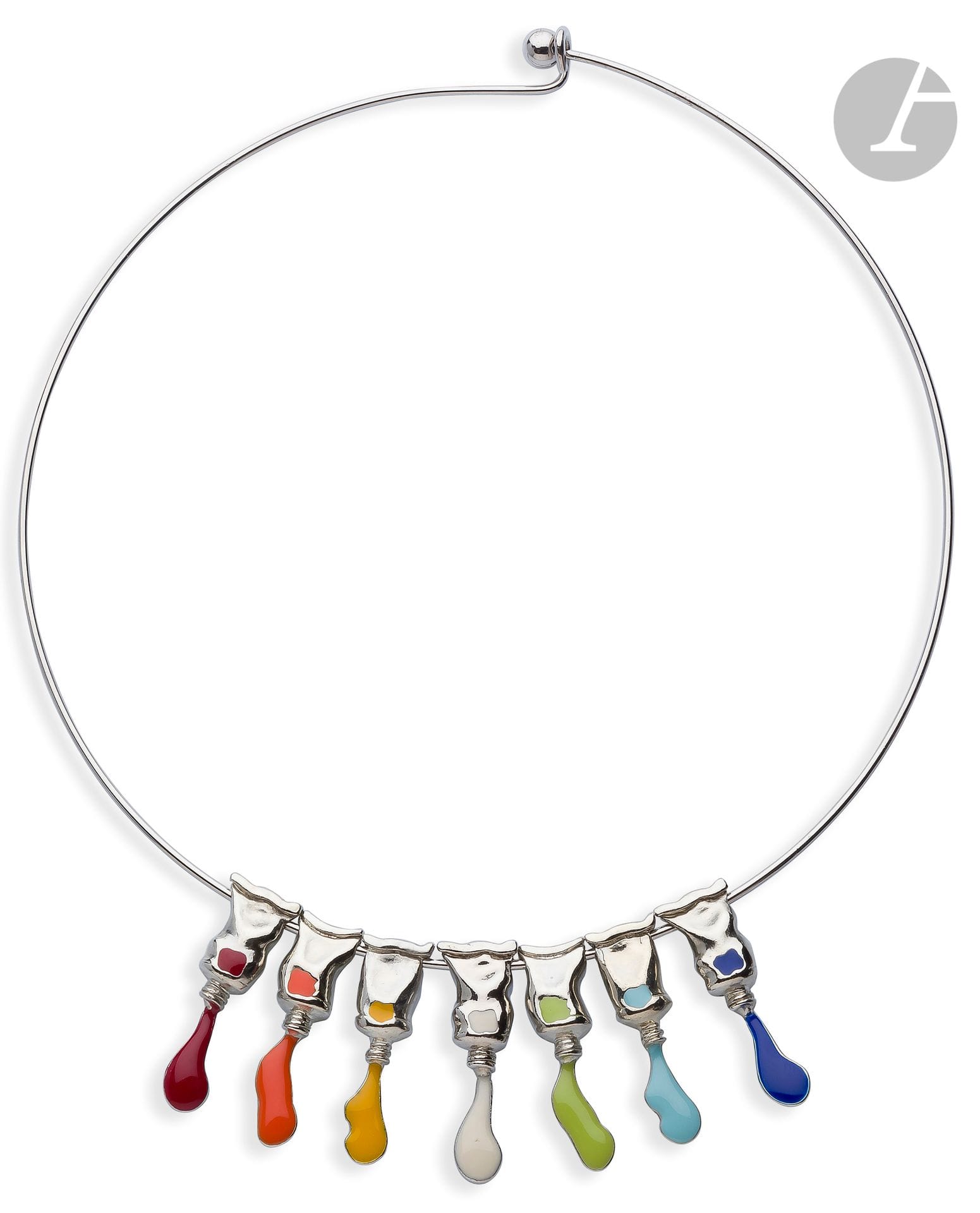 Armand FERNANDEZ dit ARMAN (1928-2005)
Tubes de peinture, 2001
Collier en métal argenté et émail.
Signé, daté et copyright sur chaque tube.
Hauteur des Tubes : 3,4 cm
Diamètre : 14 cm